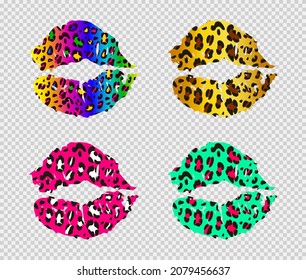 Bright leopard lips set on a transparent background. Painted multicolored female lips. Vector illustration.