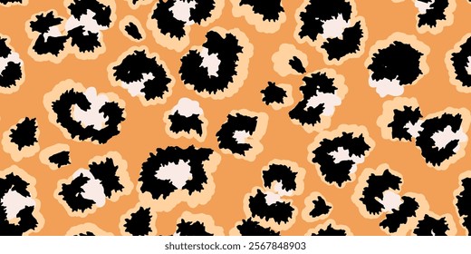 Bright leopard-inspired seamless pattern with bold spots outlined on a rich orange background. Unique abstract animal print ornament for fashion design, modern decor, and artistic branding projects.