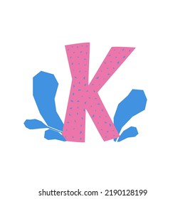 Bright letter K in cut out collage style. Hand drawing isolated vector illustration with herbs