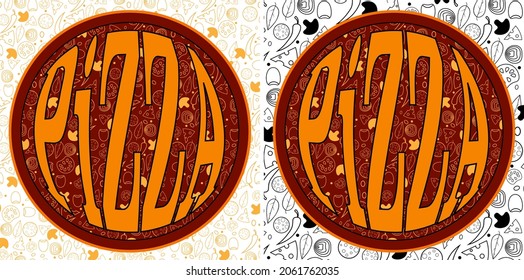 bright lettering pizza logo with a pattern of vegetables and cheese