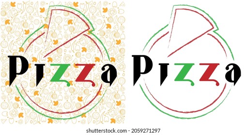 bright lettering pizza logo with pizza silhouette and slice