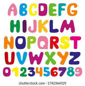 Bright letters of the alphabet and numbers for children. Original vector creative font for headlines, signage, posters, education and decoration of a children's room.