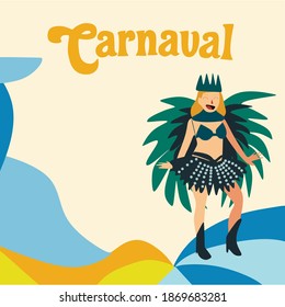 Bright letters and beautiful background with a girl. Carnival party with a Samba dancer and colorful decorative feathers
