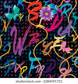 Bright letters seamless pattern with flowers, butterflies, ropes . Lettering background. Positive vector backdrop. Colorful letters. Vibrant abc, flowers, butterflies. Decorative ornamental design.