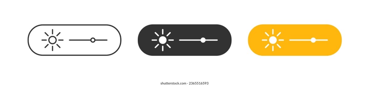 Icono de nivel brillante. Símbolo de luz de pantalla. Señales de barra de contraste. símbolos de la interfaz de usuario. Iconos de ajuste de brillo. Color negro, amarillo. Signo aislado del vector.