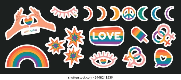 Bright LGBT stickers. Eyes, moon phases, rainbow, ice cream, peace, gender, hands with heart, stars in LGBT style. Happy Pride Month. Pride. LGBTQIA Pride Month. LGBT pride. Rainbow heart. Love