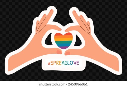 Bright LGBTQ sticker of hands and heart. Heart in hands in LGBTQ style. With the pride moon. Pride. LGBTQ Pride Month. LGBTQ pride. Rainbow heart. Love