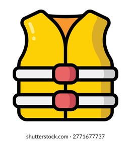 Bright life jacket with bold outline in flat cartoon style. Represents water safety, rescue, and outdoor activities with clean background.