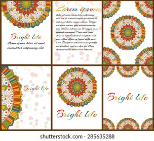 Bright life. Set of cards or invitation. Vintage decorative elements. Hand drawn background. 