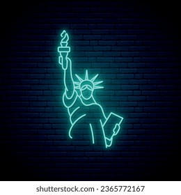 Bright light banner with Statue of Liberty in neon style. Famous New York landmark. Neon signboard. Vector illustration.