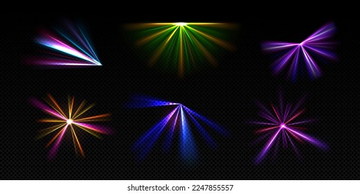 Vigas de luz luminosas, rayos láser, efecto de resplandor neón. Escamas abstractas, destellos de color de bola disco, luces de fiesta con rayos aislados en fondo transparente, conjunto vectorial realista