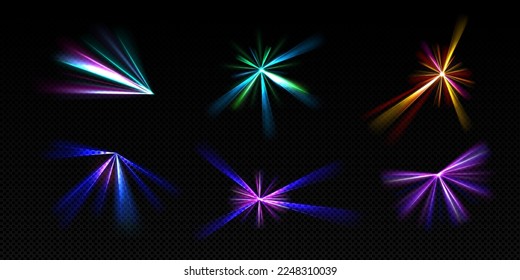 Bright light beams, laser rays, neon glow effect. Abstract flares, color flashes of disco ball, party lights with rays isolated on transparent background, vector realistic set