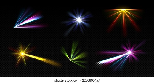 Bright light beams, laser rays, neon glow effect. Abstract flares, color flashes of disco ball, party lights with rays isolated on transparent background, vector realistic set