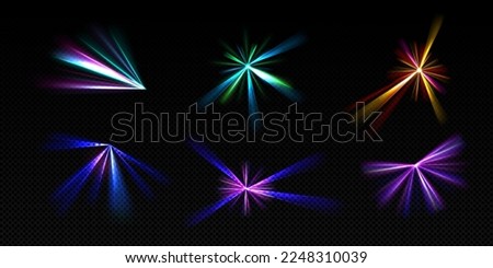 Bright light beams, laser rays, neon glow effect. Abstract flares, color flashes of disco ball, party lights with rays isolated on transparent background, vector realistic set