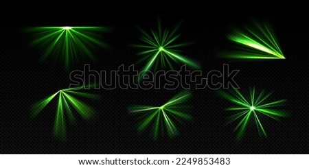 Bright light beams, laser rays, neon glow effect. Abstract flares, color flashes of disco ball, party lights with rays isolated on transparent background, vector realistic set