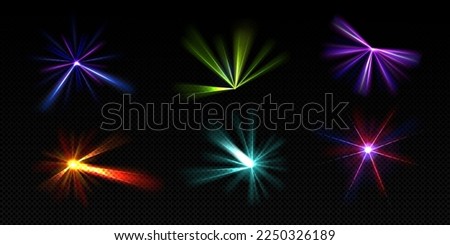 Bright light beams, laser rays, neon glow effect. Abstract flares, color flashes of disco ball, party lights with rays isolated on transparent background, vector realistic set