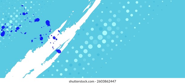 A bright light blue background with diagonal white lines creates a dynamic and alternative look. There are also dark blue dots scattered throughout the area.