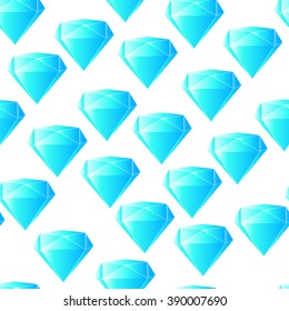 Bright light blue color vector graphic illustration of geometric diamond crystals original round brilliant-cut with many reflecting facets on white seamless background