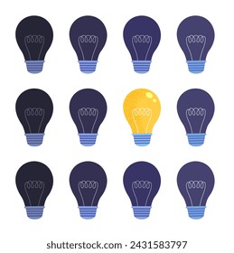 Bright light bulb among of different shade of dark light bulbs isolated on white background. Concept of creativity, idea, intelligence, smart working, electricity. Flat vector illustration.