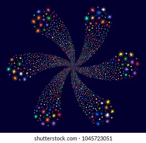 Bright Light Bulb cycle flower cluster on a dark background. Impressive flower organized from random light bulb items.