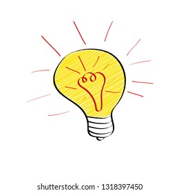 Bright light bulb in doodle style isolated on white background. Big idea, brainstorming or innovation concept. Vector illustration