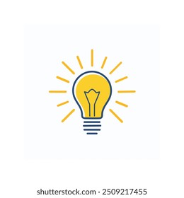 Bright light bulb icon with rays. A simple and modern illustration of a light bulb with rays emanating from it. It symbolizes inspiration, innovation, and new ideas.