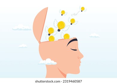 Bright light bulb ideas flying from genius human head idea generation, develop new idea or solution to solve problem, thinking process to generate creativity or answer, learning or brainstorm (Vector)
