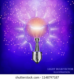 Bright light bulb isolated. Blue background with light bulb. Vector illustration.