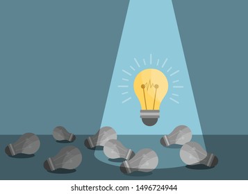 bright light bulb with off light bulb on ground, vector, illustration