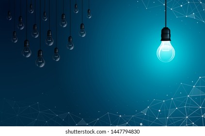 The bright light bulb is opposite to the other one that is off. Abstract background. Geometric polygonal background. Idea, business, science and technology concept. Vector illustration.