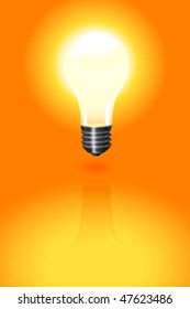 Bright light bulb standing on an orange background. Vector image.
