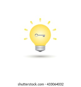 Bright light bulb symbol with padlock item, Success concept with key of idea