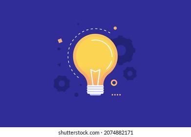 Bright light bulb with working gears shines on a blue background. A symbol of new ideas and inventions. Creative thinking sign. Flat vector illustration.