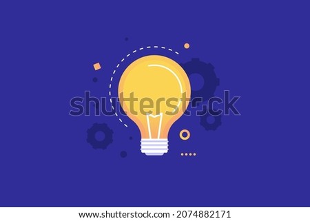 Bright light bulb with working gears shines on a blue background. A symbol of new ideas and inventions. Creative thinking sign. Flat vector illustration.