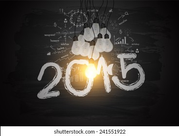 Bright light bulbs illuminate on blackboard, With drawing 2015 business success strategy plan ideas concept, Vector illustration design template