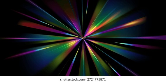 Efecto de destello de luz brillante sobre fondo negro. Vector ilustración realista de arco iris color halo con chispa en el medio, rayas de movimiento de velocidad rápida, energía radial, espectro RGB, explosión espacial