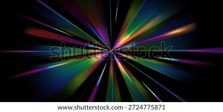 Bright light burst flare effect on black background. Vector realistic illustration of rainbow color halo with sparkle in middle, fast speed motion streaks, radial energy, rgb spectrum, space blast