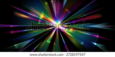 Bright light burst flare effect on black background. Vector realistic illustration of rainbow color halo with sparkle in middle, fast speed motion streaks, radial energy, rgb spectrum, space blast