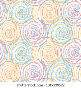 Bright light colors seamless pattern with hand drawn round spangle swirl wire spirals. Abstract tender texture with round elements for background, textile, wrapping paper, cover, surface, wallpaper