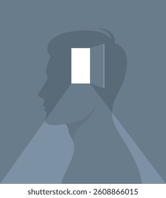 Bright light coming from an open door in the head of a human silhouette. Flat vector illustration