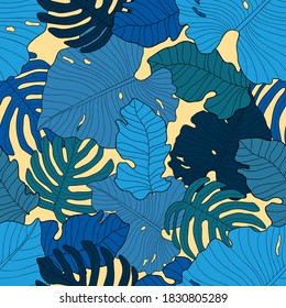 Bright light and dark blue, violet leaves of monstera and other  plants on calm yellow background. Seamless doodle tropical floral pattern. Suitable for wallpaper, textile.