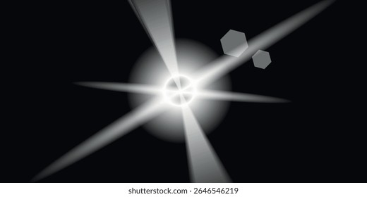 a bright light effect, a flash with rays diverging from a central point on a dark background, with small hexagonal highlights added.