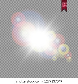 Bright light effect with multi-colored highlights. Iridescent flare from the lens on a transparent background