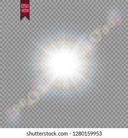 Bright light effect with multi-colored highlights. Iridescent flare from the lens on a transparent background