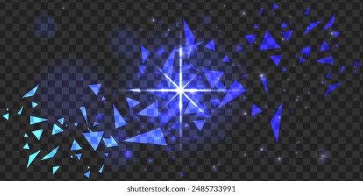 Bright light effect on transparent backdrop. Blue glowing with gradient colors and triangle elements. Vector illustration. 
