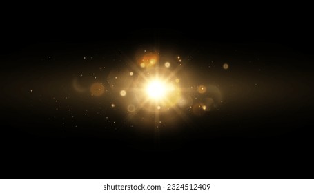 Bright light effect with rays and glare shines with golden light for vector illustration.	