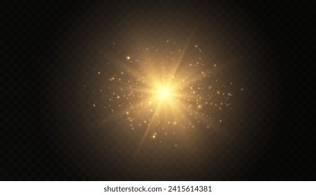 Bright light effect with rays and glare shines with golden light for vector illustration.	
