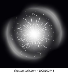 Bright light effect with shining rays. A glare from the lens on a black background.