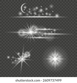 Bright Light Effects, Glow, Set. Isolated White Transparent Light Effects, Glare, Explosion, Spark, Dust, Line, Sun Flare, Sparkle and Stars, Spotlight. Sunlight, Abstract Special Effect. Star Flares