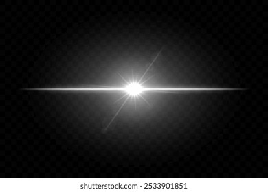 Bright light flare. Horizontal lens flare, purple glow, radiant beam, shining, starburst, energy, abstract light effect, sparkle, illumination, glowing line.